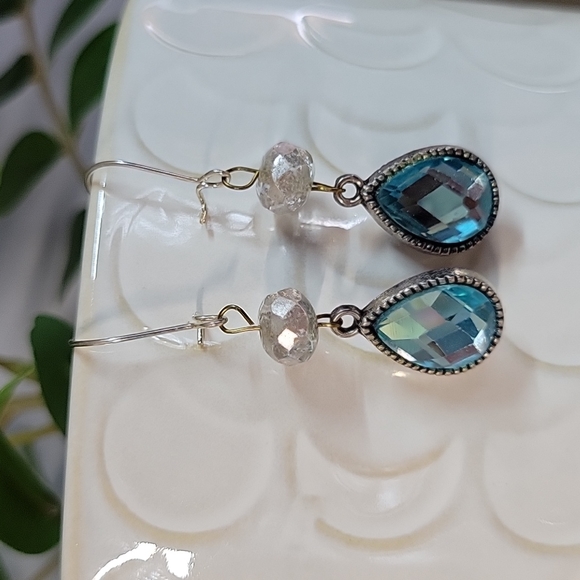 Czech Glass and Aqua Crystal Teardrop Earrings - Picture 7 of 7
